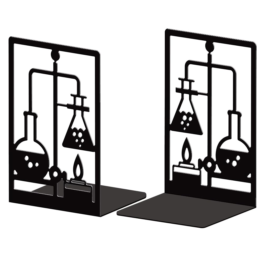 Peacoblue Metal Book Ends Stopper Holder Stand for Shelves Decorative, 13.5x11x20cm Modern Creative Heavy Duty Study Bookends Stoppers Holder Stand for Desk Shelf, 1 Pair (Chemistry and Lab Bottles)