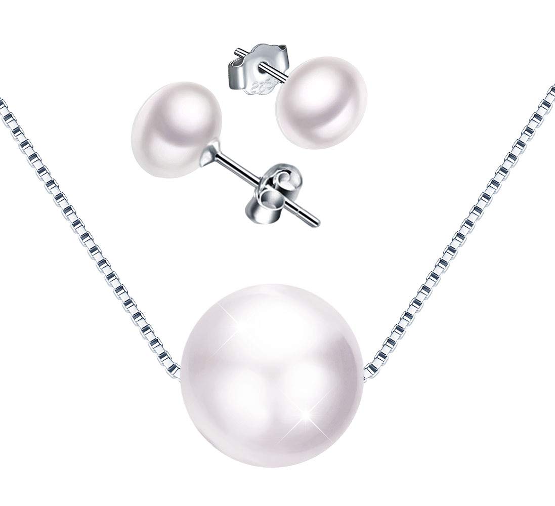 Yumilok Collar de perlas de agua dulce, plata 925, gargantilla, colgante de perlas para niña mujer, pendientes de perlas, conjuntos de joyas de perlas