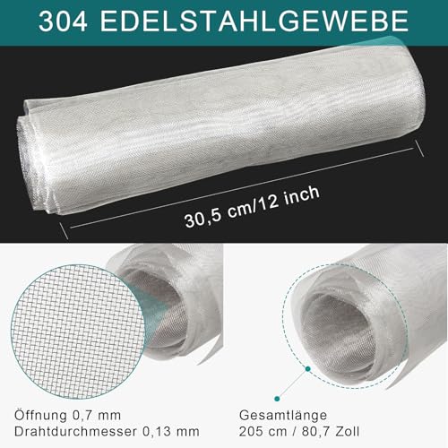 Drahtgitter Feinmaschig Edelstahl Fliegengitter Metall Insektengitter, 30 Maschen Fliegengitter Metallgewebe, 30,5 cm × 205 cm Drahtgeflecht Wühlmausgitter Insektenschutzgitter