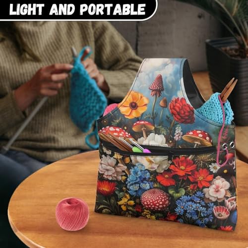 Image of Mushroom knitting Bag Organzier Yarn Bags for Crocheting Hook Organzier Lightweight Knitting Tote Bag Holding Yarn Knitting Needles,Large