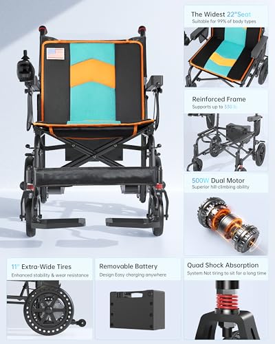 Image of 22 inch Wide Seat Electric Wheelchairs for Adults, 350 LB Capacity (Orange) | 500W Doul Motors | All-Terrain | Portable, Foldable & Lightweight | Suit for Travel, Home, Outdoor & Seniors, Handicap