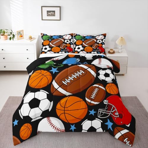 Image of Feelyou Football Kids Comforter Set King Size Basketball Sports Bedding Set Soccer Ball Game Duvet Quilt for Kids Boys Girls Bedroom Black Baseball Gaming Decor Microfiber Ultra Soft Breathable