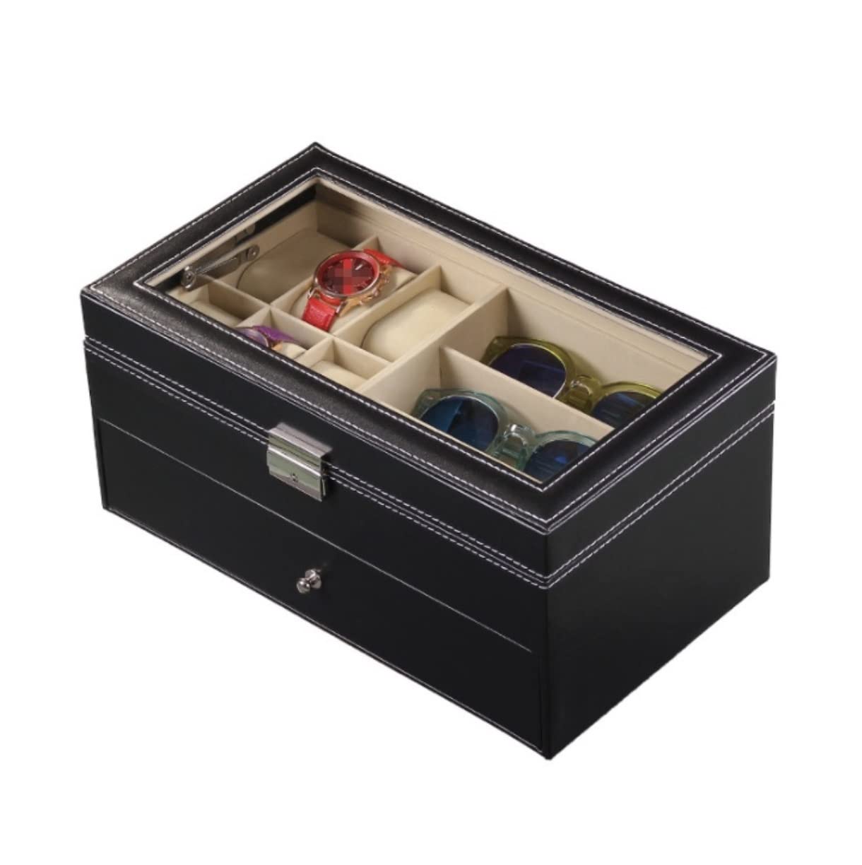 Uhrenbox-Organizer, Uhrengehäuse, doppelschichtiges PU-Leder, 6 Fächer, Uhrenbox, 9 Stück, Brillenaufbewahrung, Ausstellungshalter, Schublade, abschließbares Gehäuse, Uhrenständer, Uhrenbox