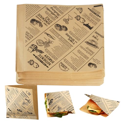 170 StückBurger Papier Burger Tüten, Käsepapier, Deli Papierblätter, Dönertüten Hotdog Burger Buns Pommes Tüten, Zeitungsoptik für Sandwich Butterbrot Kuchen(15 x 15 cm)
