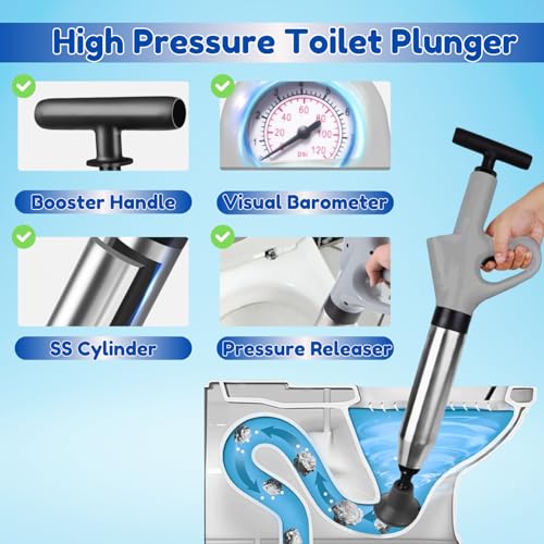 Image of High-Pressure Toilet Plunger with 2 toilet cleaning brushes and 3 wall hooks - Air Drain Blaster for Unclogging Toilets, Sinks, Drains, Bathroom & Kitchen-Heavy Duty Air Drain Plunger for Floor Drains