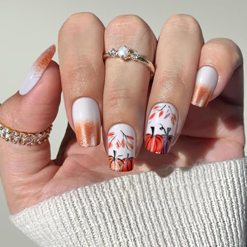 Fall Square Press on Nails Orange French Tip Medium Glitters Fake Nails with Designs Pumpkin, FlexFly Reusable Acrylic Nails Glossy Full Cover Natural Stick on Nails for Women Thanksgiving Gift 24PCS