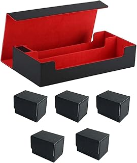 Leather Deck Box for 5 with Closure Collectibe Card Holder for Games TCG CCG Collection Sleeved Cards, Black red