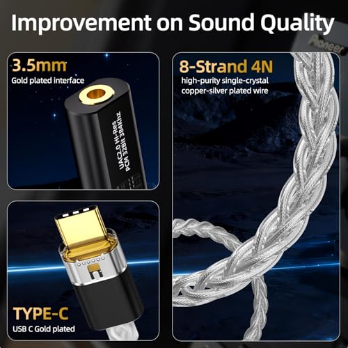 Image of USB C to 3.5mm DAC Headphone Adapter with Dual Chip CX31993 & MAX97220, Portable Decoding Amp Hi-Res 32bit /384KHz Audio Dongle with Silver-Plated OCC Cable for iPhone, Android, Mac, IEMs Earphones