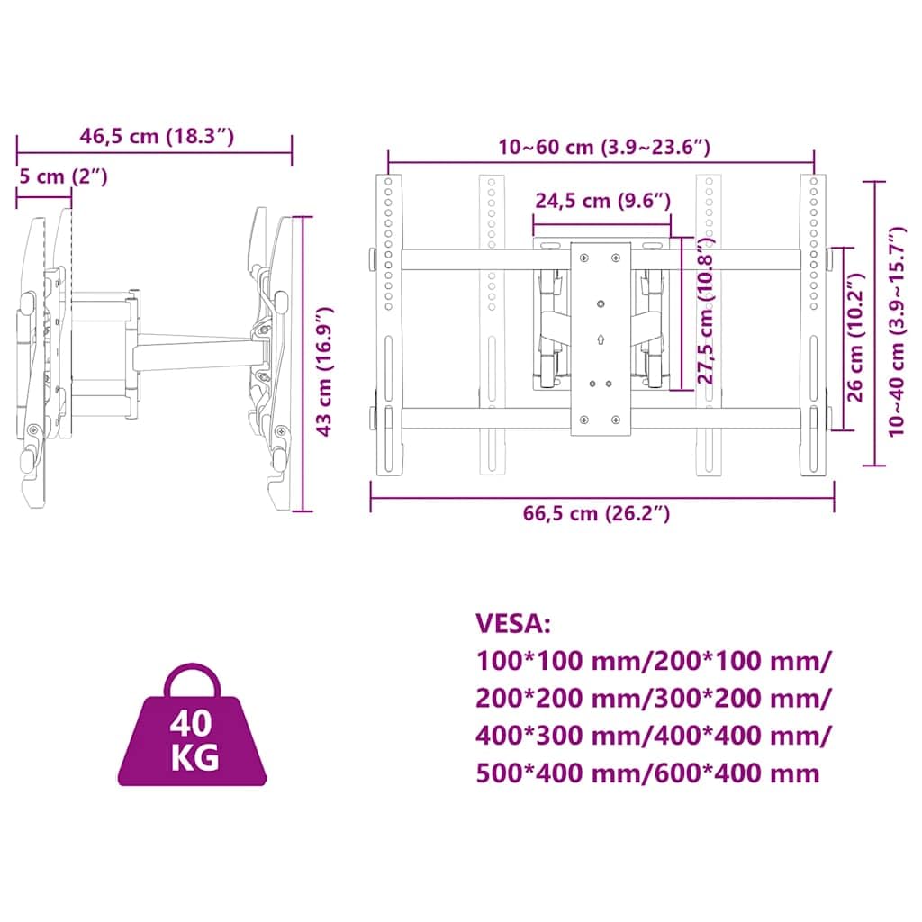 Supporto da parete TV 37-80 pollici VESA 600x400 mm Max 40 kg Inclinabile Orientabile Estensibile Girevole Altezza Regolabile per Soggiorno Ufficio Gaming Angolo