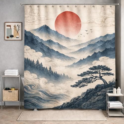 Rideau de douche japonais ukiyo-e ambiance zen soleil rouge - 5
