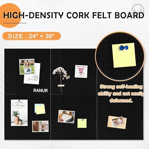 Image of RANUR 6 Pcs Felt Bulletin Board (30x30 cm) Self Adhesive Notice Boards with 50 Pins, Vision Board for Manifestation, Message Board for Notes, Photos, Office & Home Wall Decor (Black)
