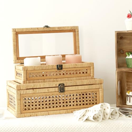 DECOR4SEASON Rattan and Cane Display Boxes with Glass Lid - Set of 2 Stackable Storage Organizers with Snag-Free Solid Wood Base - Boho Rustic Farmhouse Decor for Jewelry, Remotes, and Keepsakes by DECOR4SEASON - Used condition - Image 4