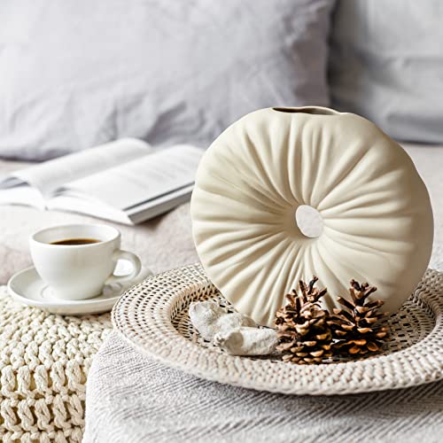 Decorative Beige Donut Vase For Pampas Grass, Modern Ceramic Vase For Fresh Flowers, Clay Vase With Hole For Nordic Décor, Circle Vase With Hole #TOP1