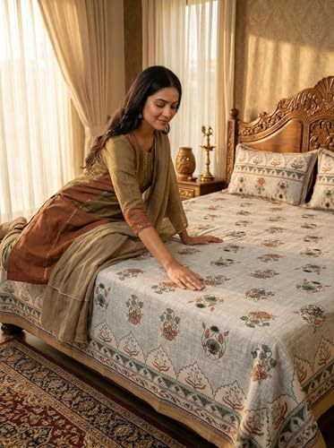 Image of Mafatlal 144 TC Jaipuri Cotton King Bedsheet | 90 x 108 Inches | Traditional Print | Long Lasting & Comfortable | 2 Pillow Covers | Star White