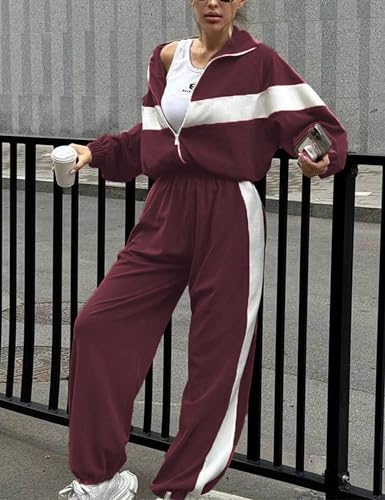LTSCNRM Women's Athleisure Stripe Fleece Tracksuit Set Comfy Casual Loungewear Outerwear Two Piece Winter Fall Outfit(WineRed-L) — view 2