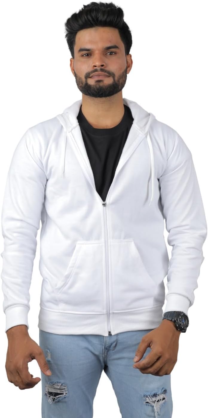 WEAR TO GOPlain Zipper Cotton Blend Hoodie Unisex | White | M