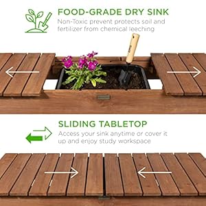 Best choice products mobile garden potting bench outdoor wood workstation table wsliding tabletop 4 locking wheels food grade dry sink storage shelves brown  urban country home decor
