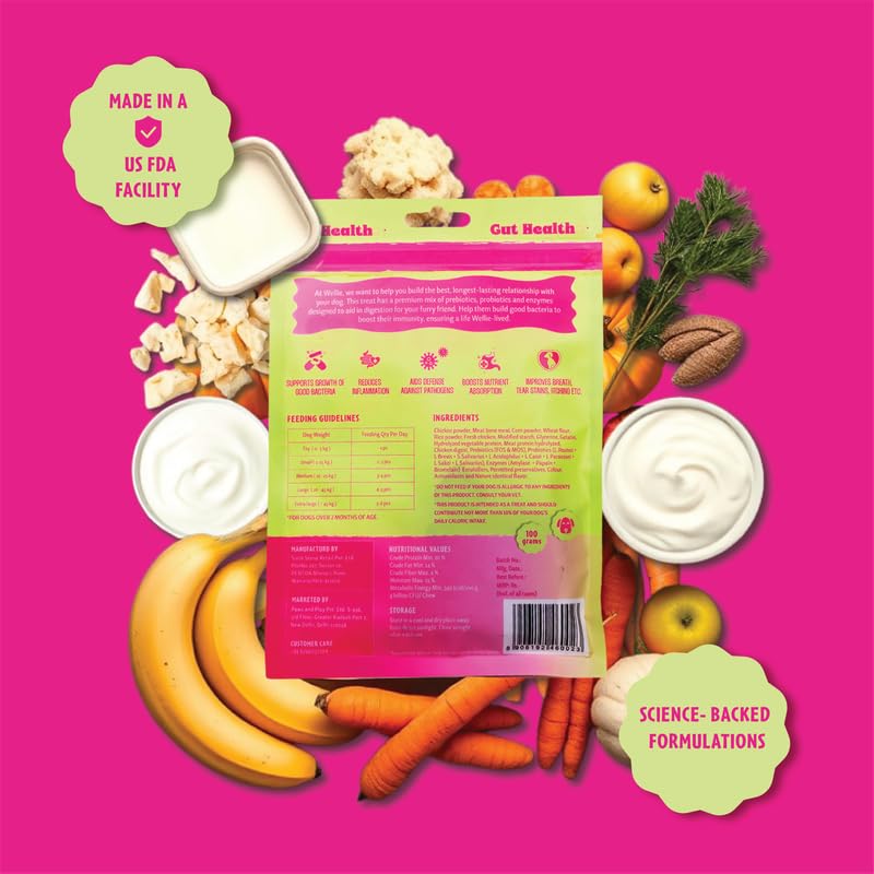 Image of Wellie Bellie Bites Probiotic Dog Treats | Real Chicken Flavor | Prebiotics & Probiotics for Gut Health & Immune Support | 4 Billion CFU | Helps Reduce Gas, Bloating & Bad Breath | 100g x 4