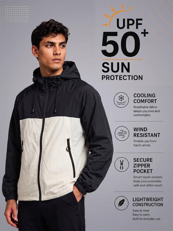 Image of CHKOKKO Sunscreen Jacket For Men With Hood | Advanced Upf 50+ UV Ray Sunblock Sunscreen | Water-repellent Lightweight Nylon Cooling Quick Dry Fabric | Sports Cycling Travel & Dailywear