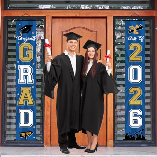 Image of Graduation Banner 2026 Graduation Decorations Blue and Gold Grad Banner Porch Sign Class of 2026 Door Decor Congrats Hanging Backdrop Blue Gold Grad Party Decor for School Congratulations Supplies