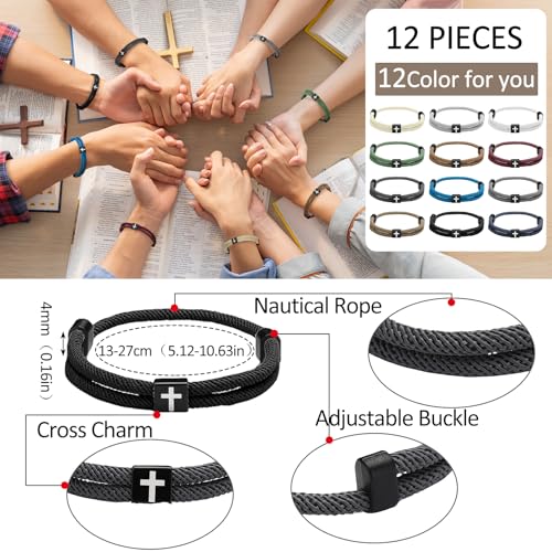 Image of Landical 12 Pcs Braided Cross Bracelet for Men Women Christian Adjustable Rope Jesus Bracelets with Metal Knot Christian Baptism Gifts