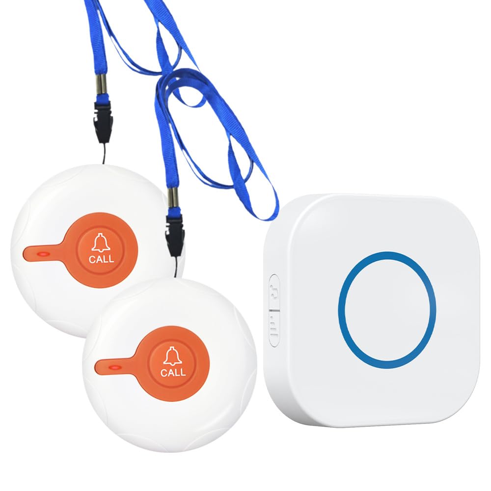 Call Bell for Elderly, Panic Button Alarm, Emergency Caregiver Pager, Home Alarm Systems/Nurse Alert System for Patient 500Ft/150m with 1*UK Plug-in Receiver & 2*Waterproof Transmitters