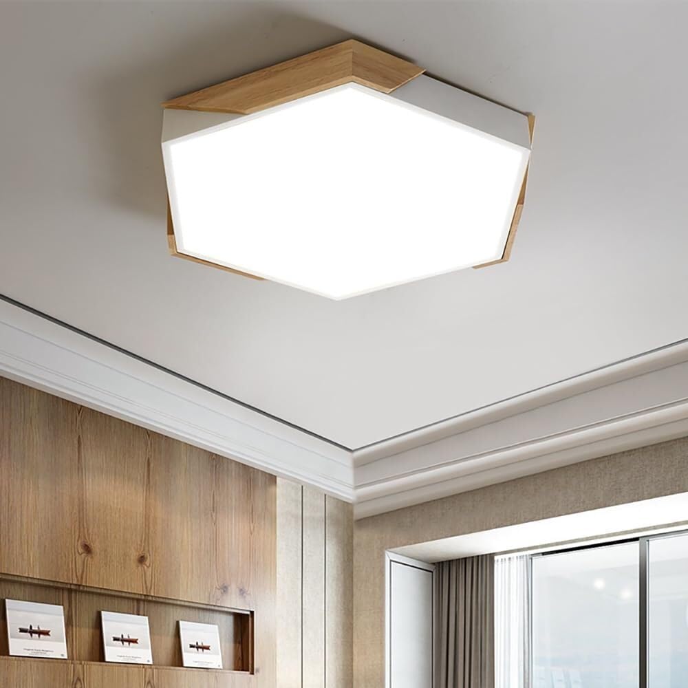LYMSXAZOU Semi Flush Mount Ceiling Light Dimmable Modern Wood LED White Lamps Geometry Lighting for Bedroom Dining Room Kitchen Laundry Hallway(White 11.8in)