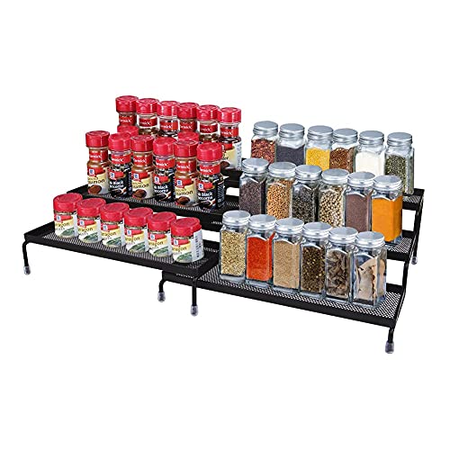 2 Stück/Set 3-stufiger Gewürzregal-Organizer, erweiterbar mit hoher Kapazität, Stufenregal, Gewürzaufbewahrungshalter, für Schrank Pantry Küchenarbeitsplattenständer, Metallspray, Schwarz Cover