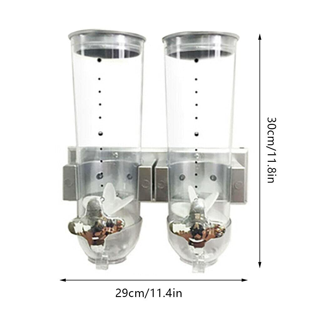 Dispensador de cereales montado en la pared, dispensadores de alimentos, 2 unidades, dispensador de cereales doble seco para montaje en pared, dispensador de dulces con 2 tazas para almacenar granos