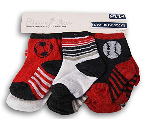 Boy's Sports Baby Socks - Sports Balls Designs- Red & White Football Soccer Baseball - 6-12 Months - 6 Pack