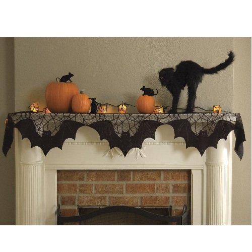 Heritage Lace Halloween Bats Mantle Scarf , 20" x 80", Black Lace, Made in the USA2