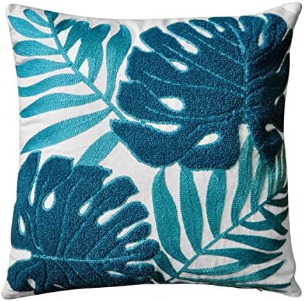 Mulzeart Cotton Embroidery Tropical Leaf Palm Pattern Throw Pillow Covers, Woven Comfy Decorative Pillows Covers Cushion Case for Couch Sofa Bedroom Car, Pillow Case ONLY(18 x 18 Inch)