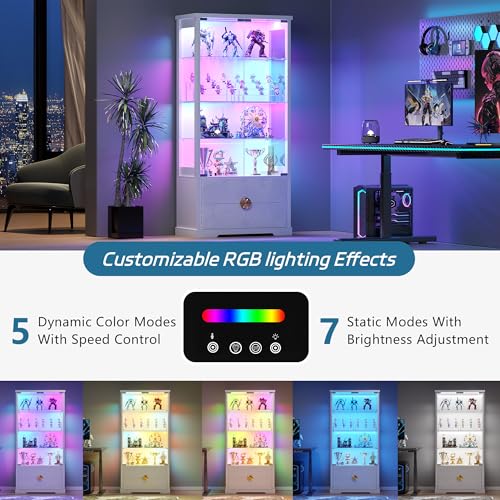 Image of TAGELIER Display Cabinet with Glass Doors and RGB LED Lights, 2 Drawers