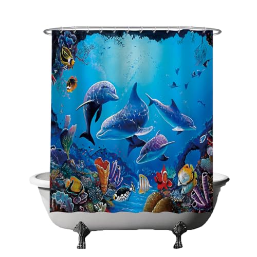 Ulticool Rideau de douche, motif nature, dauphin, mer, pêche, aquarium, corail, 180 x 180 cm, anti-moisissure, avec 12 anneaux, bleu