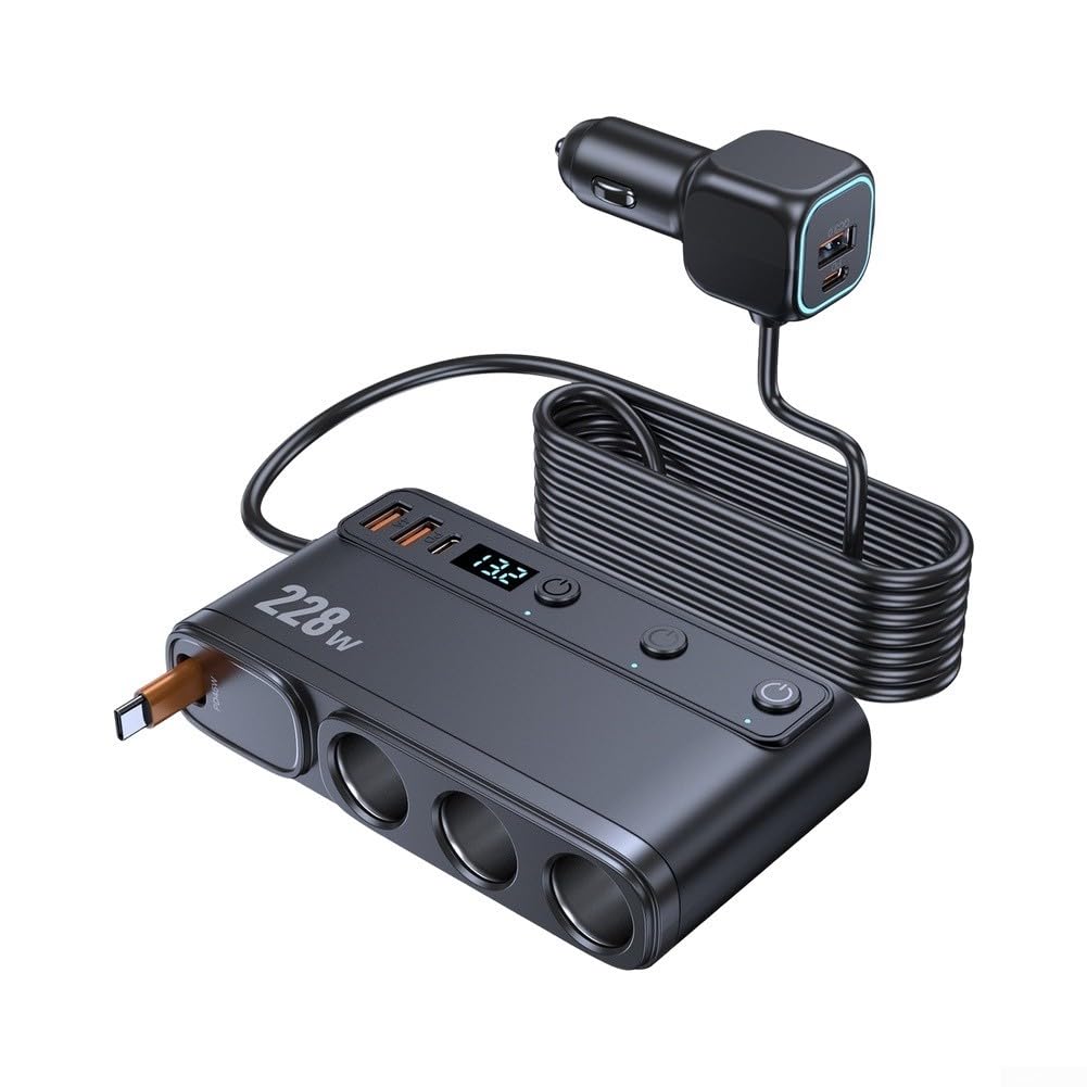 Chargeur de voiture répartiteur avec câble rétractable de 65 cm, adaptateur de charge rapide PD 45 W, double ports USB pour iPhone pour Samsung, distributeur d'alimentation de véhicule 12 V-24 V