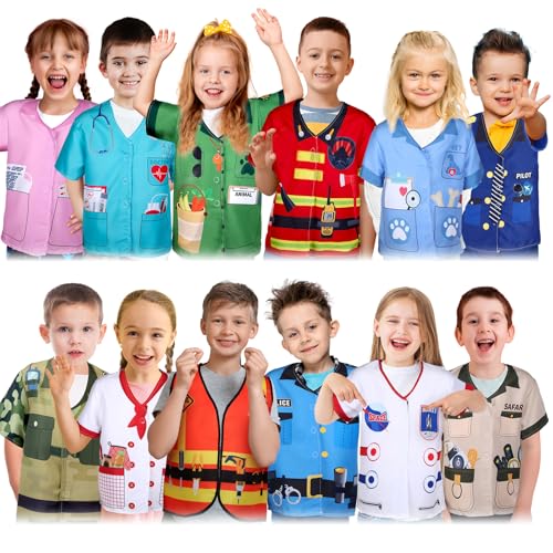 Jiuguva 12 Pcs Kids Role Play Costume Dress up Clothes for Kids Community Helper Career Cosplay Doctor Construction Workers Fireman Police Halloween Costumes for Career Day Pretend Play - Main Image