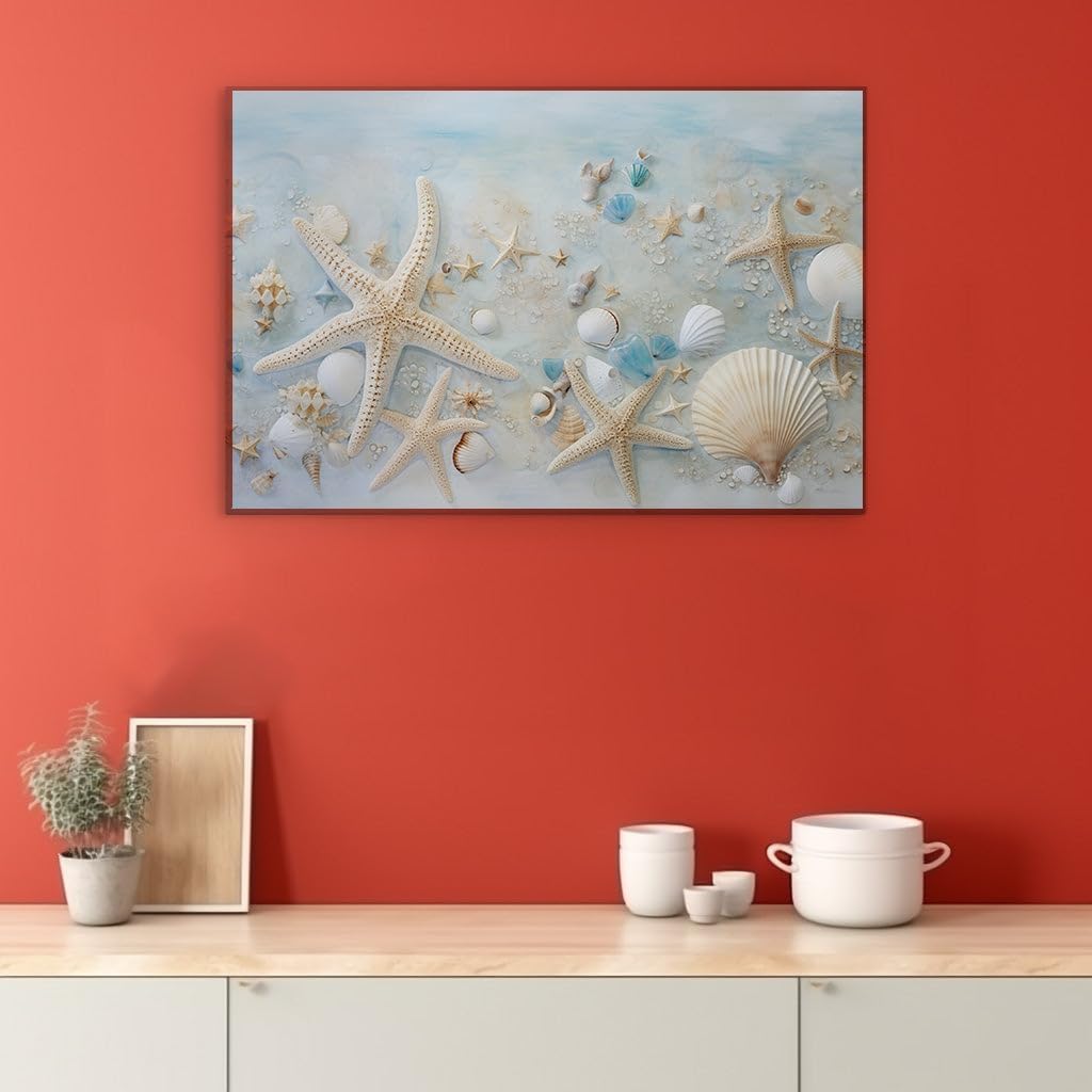 Canvas for Living room. Seaside Serenity Captured in Shell and Starfish Symphony, 27 x 18 inch Canvas Wall Art - Contemporary Masterpieces - Modern Home Decor