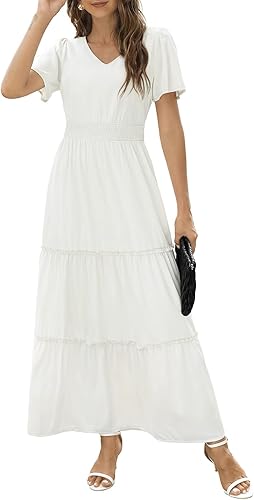 Zattcas Womens 2026 Long Summer Dress Casual Short Flutter Sleeve V Neck Smocked