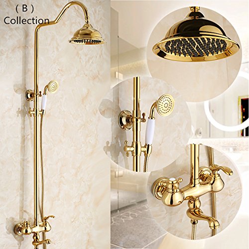 galvanoplástica Retro Grifo Ducha Grifos 8 pulgadas Latón dorado Lluvia Ducha grifo Set Dual Mango Whirlpool Licuadora mano ducha pared montaje Luxus ducha Grifos