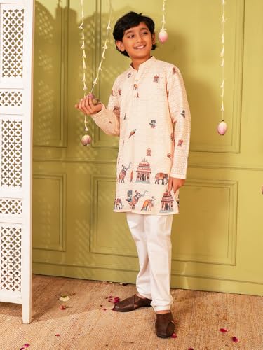 Image of AJ DEZINES Kurta Pajama For Kids Boys | Cotton Printed Chikankari White Kurta Pyjama Set For Boys | Traditional & Festive Outfit | Party & Ethnic Wear | Stylish Kids Kurta Set - Twister-1309-CREAM-10