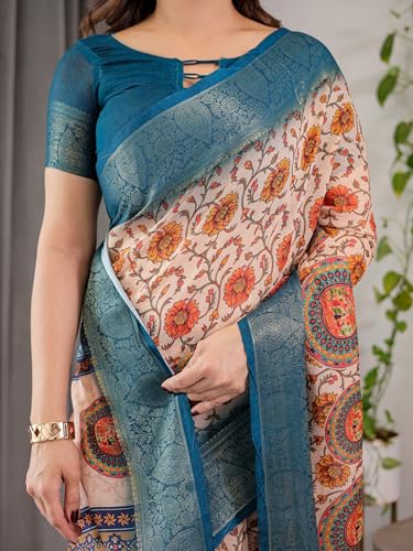 Image of ALMAARI FASHION Handloom Cotton Saree, Cream with Royal Blue Border, Floral Print, Silver Zari Work, 5.5 Metres