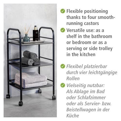 WENKO Badwagen mit 3 Etagen, Beistellwagen mit Rollen, aus lackiertem Stahl, 41 x 75 x 32 cm, Schwarz