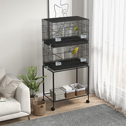 PawHut-Double-Stackable-Bird-Cage-with-Stand-Wooden-Swing-Rope-Ladder-Wheels-for-Canaries-Lovebirds-Finches-Budgie-Cage-with-Storage-Shelf-Removable-Tray-Wooden-Perches-Food-Containers