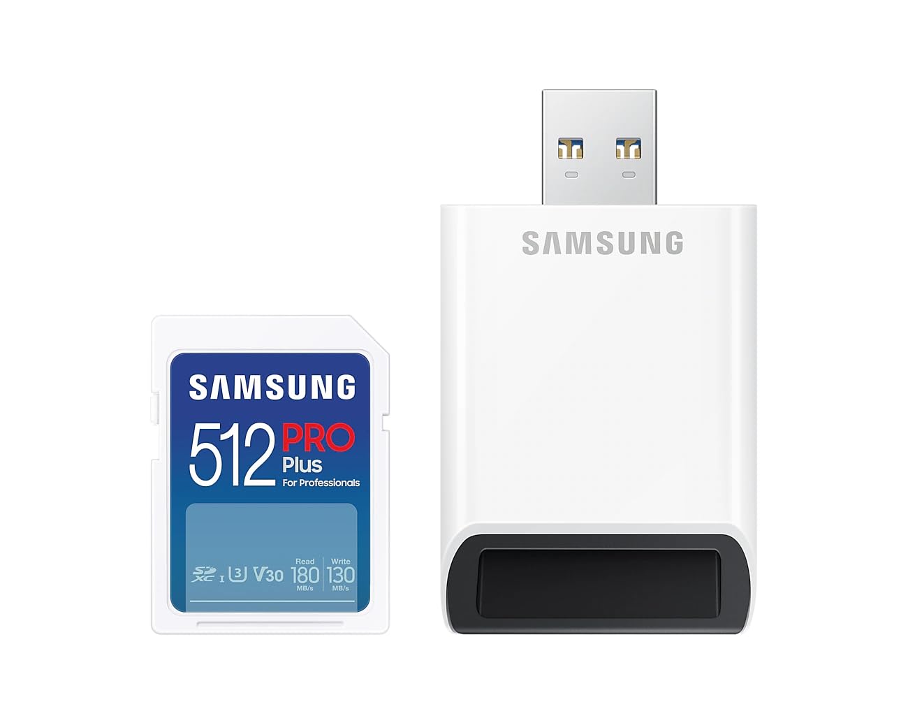 Samsung PRO Plus karta SD, 512 GB, UHS-I U3, Full HD i 4K UHD, odczyt 180 MB/s, zapis 130 MB/s, karta pamięci do kamer i dronów, w zestawie czytnik kart USB, MB-SD512SB/WW