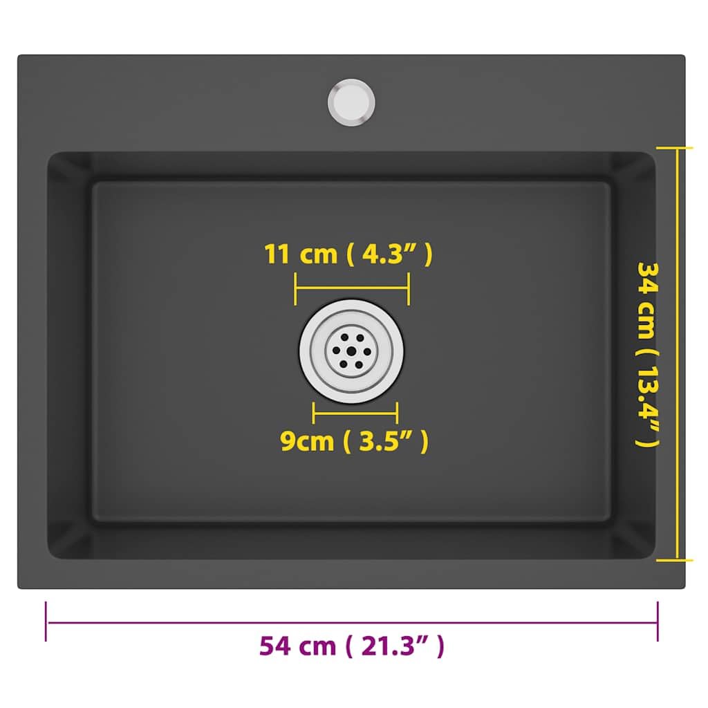 Lavello da incasso fatto a mano, in acciaio inox, nero, con foro per rubinetto, fonoassorbente, 59 x 44 x 20 cm, sottostruttura e installazione, scarico rapido dell'acqua, resistente alla