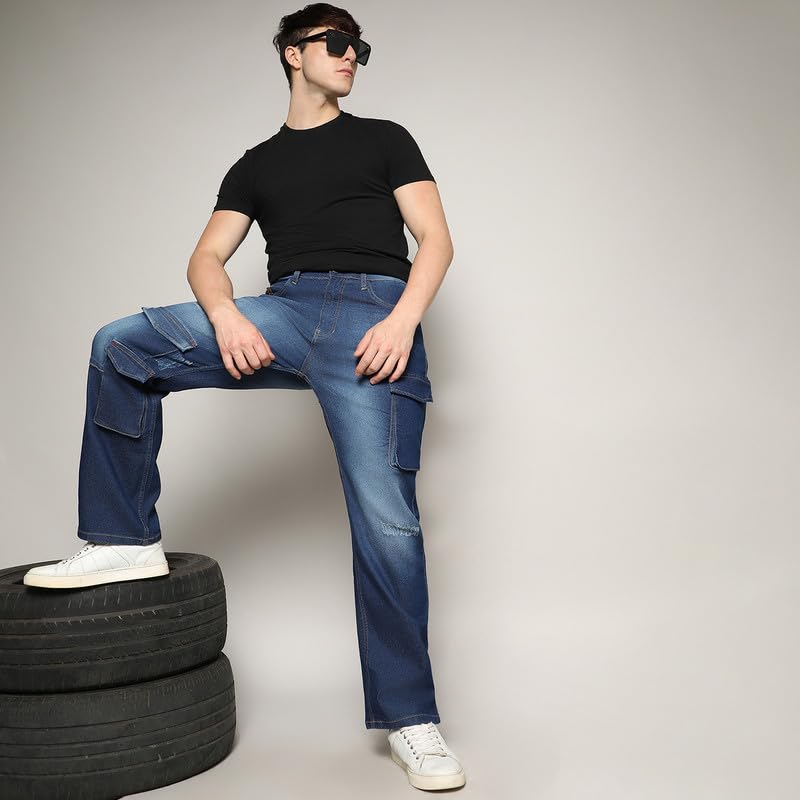 Image of CAHOOT Men's Stitched Cargo Denim Jeans for Casual Wear | Dark-Wash | 5 Pocket | Button Closure | Denim Jeans Crafted with Comfort Fit for Everyday Wear