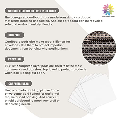 Image of Mat Board Center, 50 Pack 12x12 Inch Corrugated Cardboard Sheets | 2mm Thick White Flat Cardboard Inserts for Mailing, Packing & Shipping, Craft Card Board (White on one side)