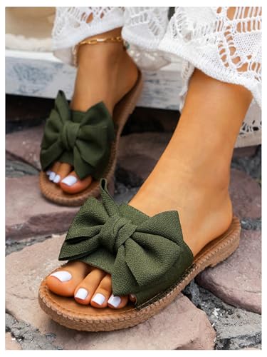 Image of GORGLITTER Women's Bow Flat Sandals Open Toe Slip On Slide Slipper Shoes | Sandals Women Comfortable, Dressy Sandal Women, Y2k Shoes, Dress Slippers for Women, Flats