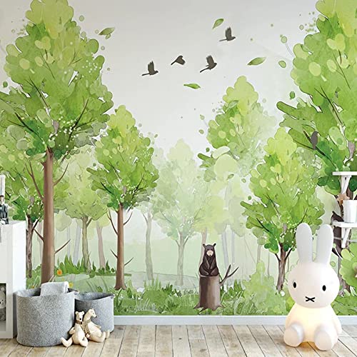 Benutzerdefinierte Tapete 3D Handgemalt Wald Grün Baum Vogel Cartoon Bär Wandmalerei Kinderzimmer Kindergarten Wandbild 430Cmx300Cm Cover