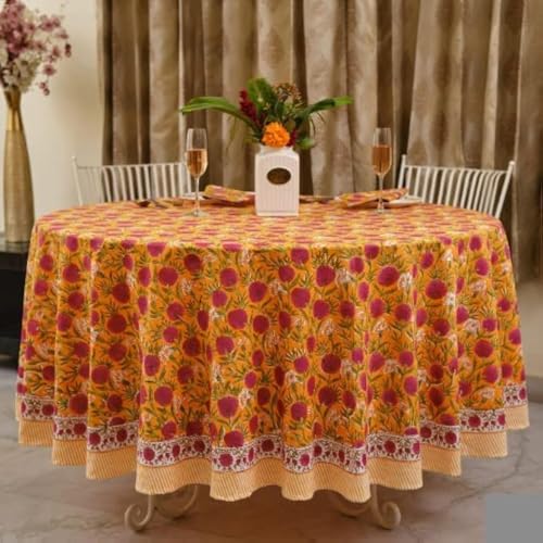 Ridhi Block Print Round Tablecloth Bubblegum Pink 132 Inch 100% Cotton